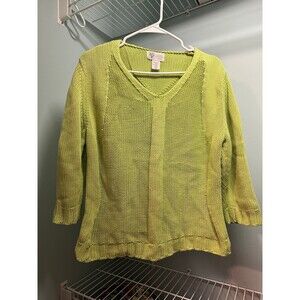 Parkhurst Cotton Country Women's Large Lime Green 100% Cotton V Neck Sweater